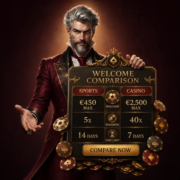 Card Chancellor affichant les bonus de bienvenue paris sportifs vs casino sur un tableau de jetons orné