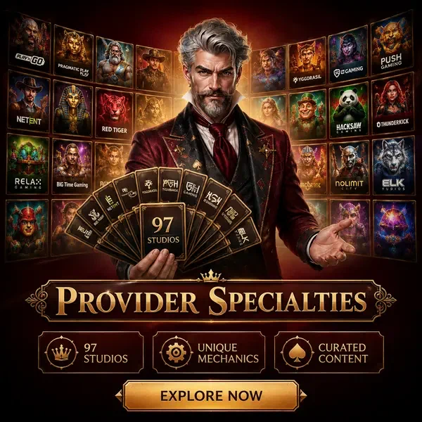 Card Chancellor présentant les vignettes de fournisseurs de jeux à la vitrine de la collection de machines à sous Winzoria
