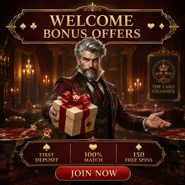 Le Card Chancellor présente le cadeau de bonus de bienvenue chez Winzoria tandis que des jetons dorés brillent à proximité