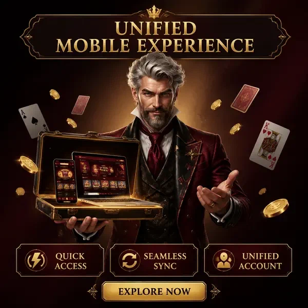 Card Chancellor ouvrant un coffret numérique révélant l'application mobile au portail de jeu Winzoria